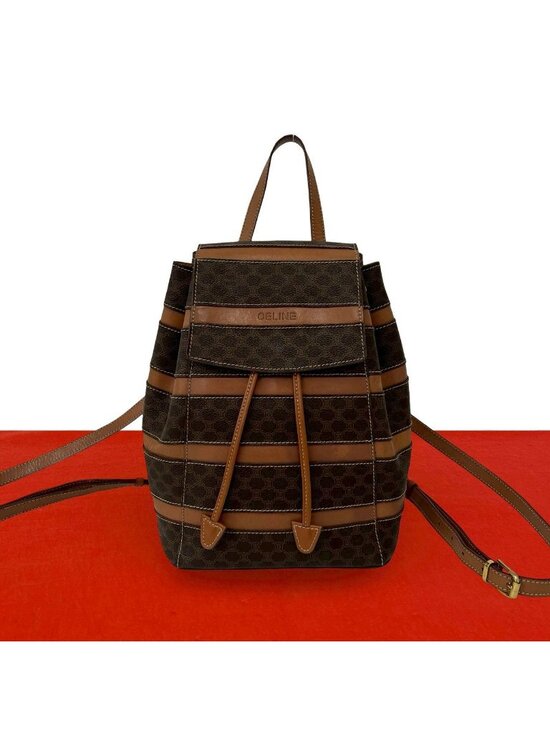 Celine Vintage Macadam Blason Triomphe Pattern Leather Drawstring Backpack Brown main image 10